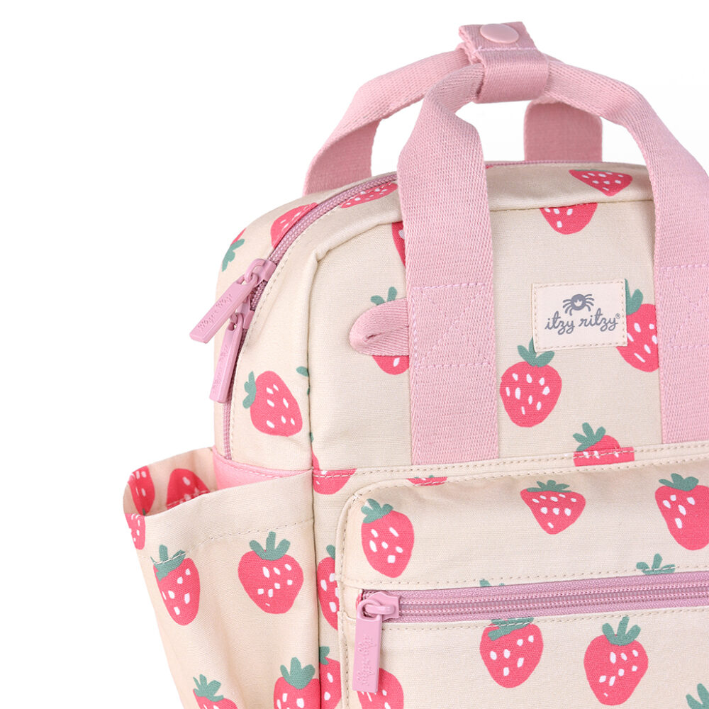 A cream-colored backpack adorned with pink strawberry prints, featuring pink zippers and a convenient front pocket. (Note: The given product data seems unrelated to the sentence describing a backpack. If you were asking for a rewrite incorporating the product name mentioned (even though it's not relevant to the description of a backpack), please clarify your request.)