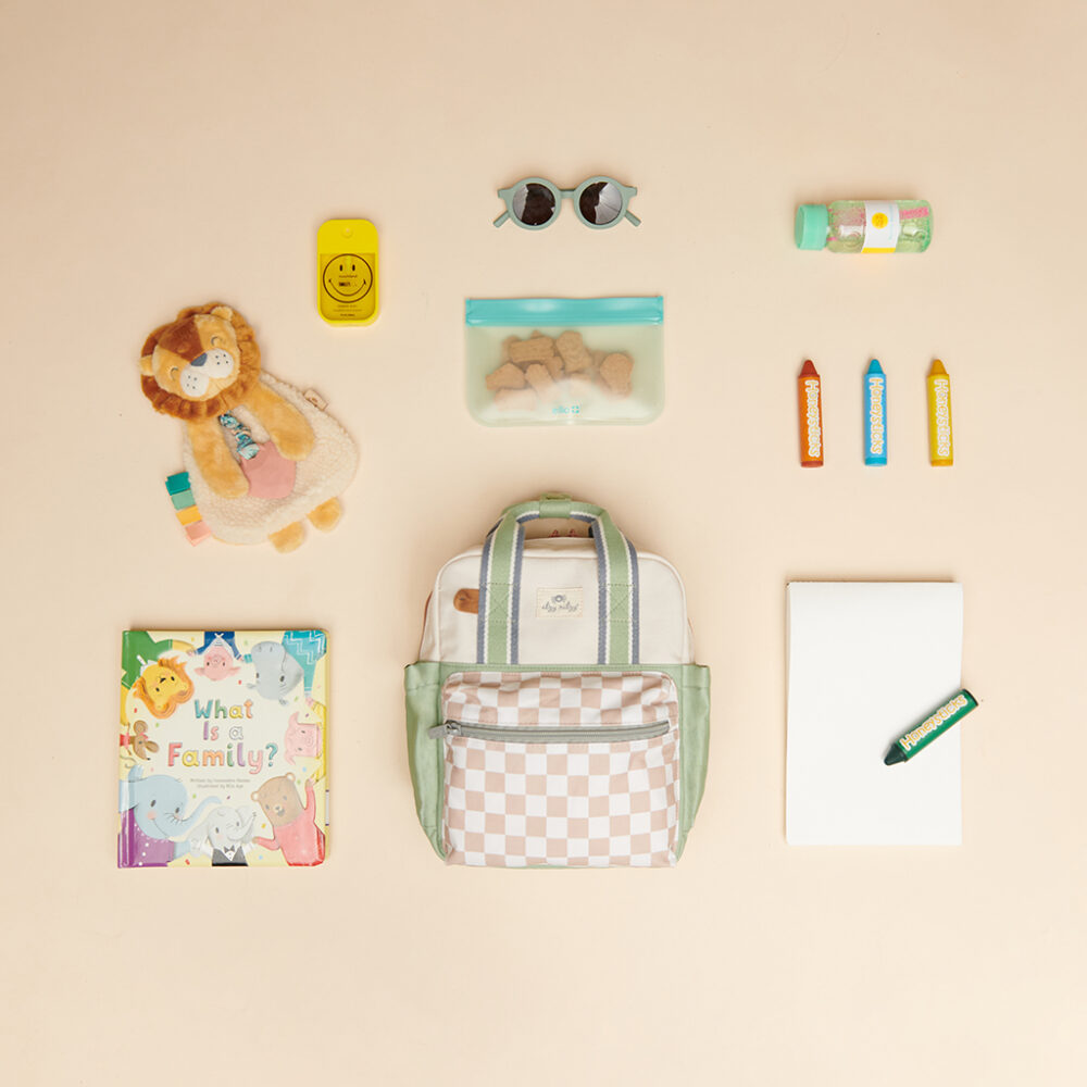 Top view of a neatly arranged set of items including a checkered backpack, stuffed lion toy, children's book, juice bottle, toy blocks, ziploc bag with cookies, sunglasses, notebook, green marker, and an Itzy Ritzy Sweetie Strap Plus Bear Silicone Pacifier Clip.