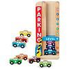 A Melissa & Doug Stack & Count Wooden Parking Garage With 10 Cars with cars and a parking meter.