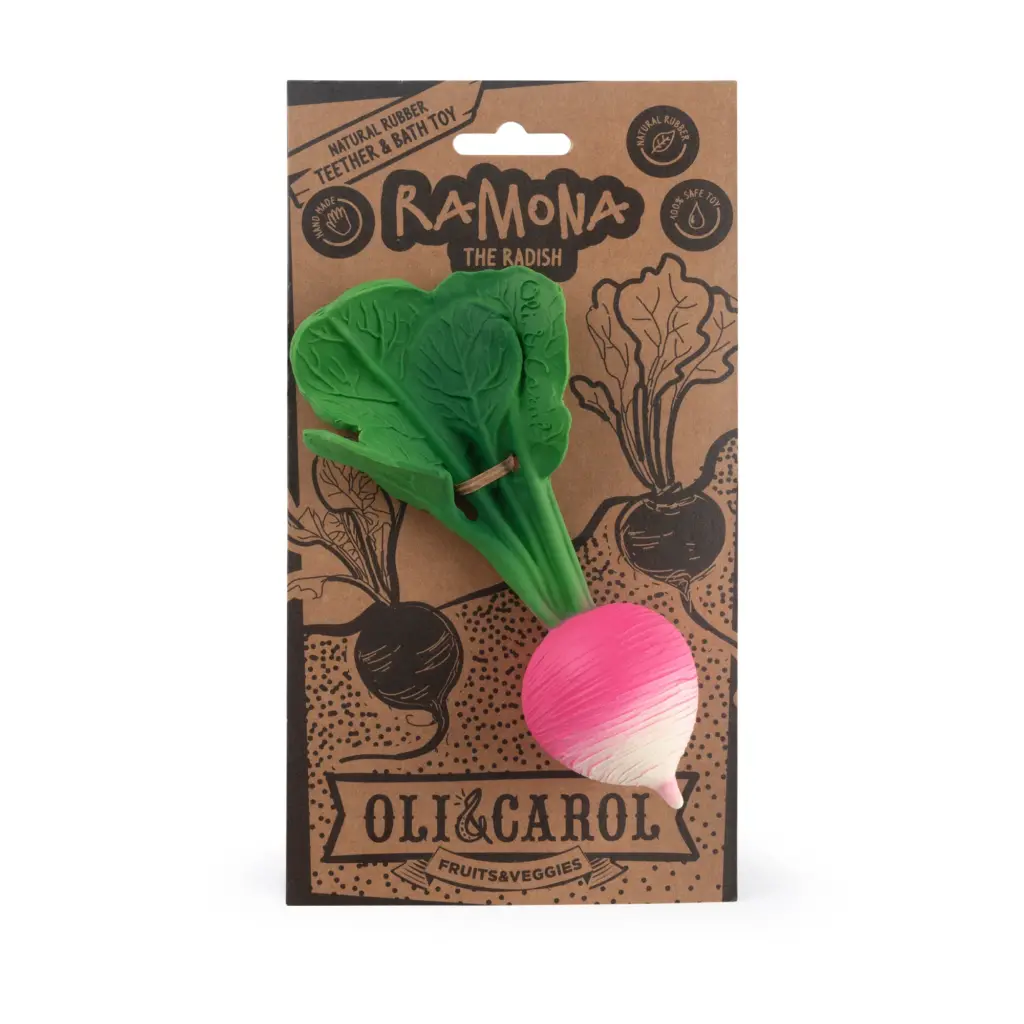 A Oli & Carol Ramona the Radish Baby Teether Natural Rubber toy in a package.