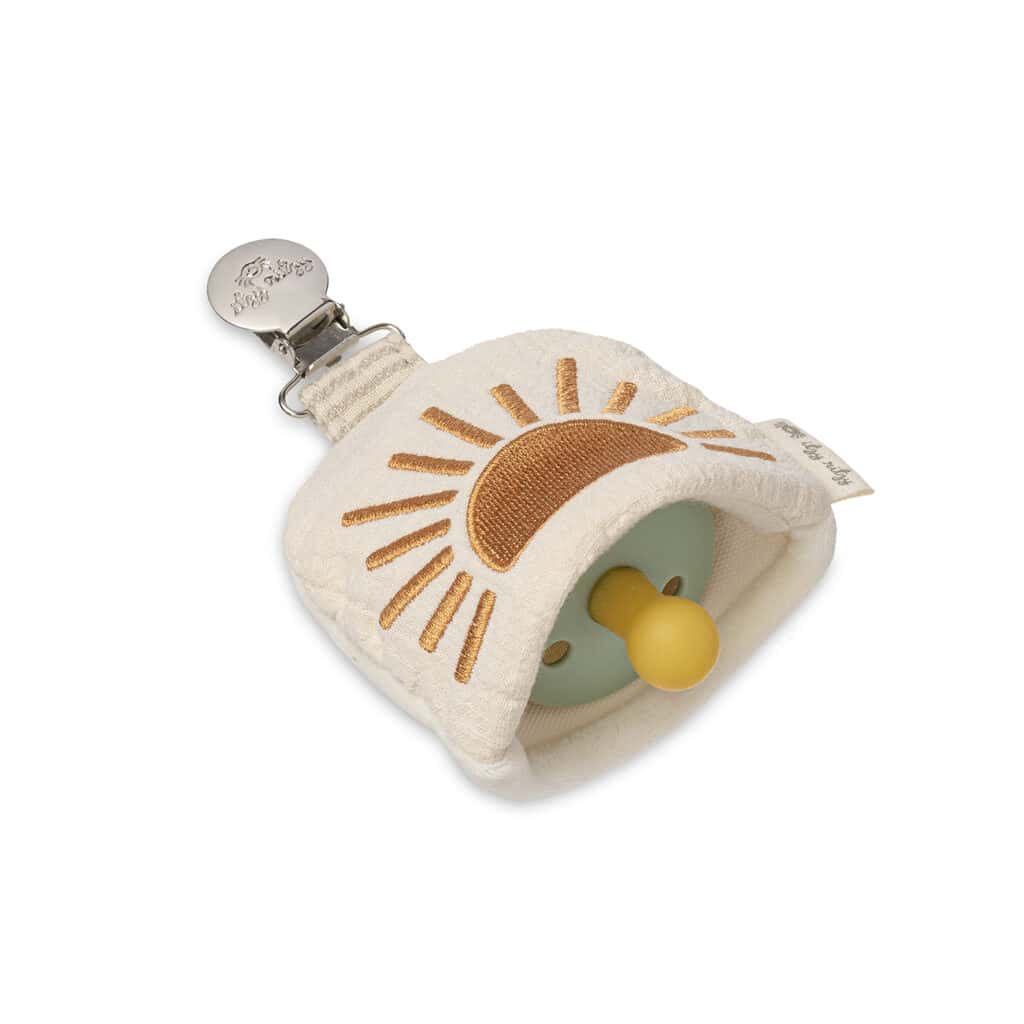 An Itzy Ritzy Soothe & Store Pacifier Clip & Storage Pouch with a sun on it.