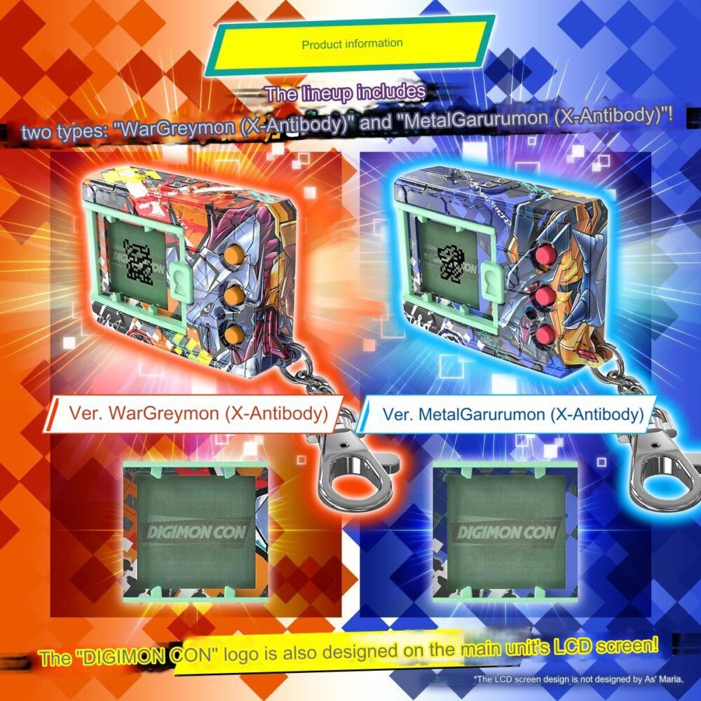 Image depicting two Digivice toys: one featuring WarGreymon (X-Antibody) and the other featuring MetalGarurumon (X-Antibody). The LCD screens show the "DIGIMON CON" logo.