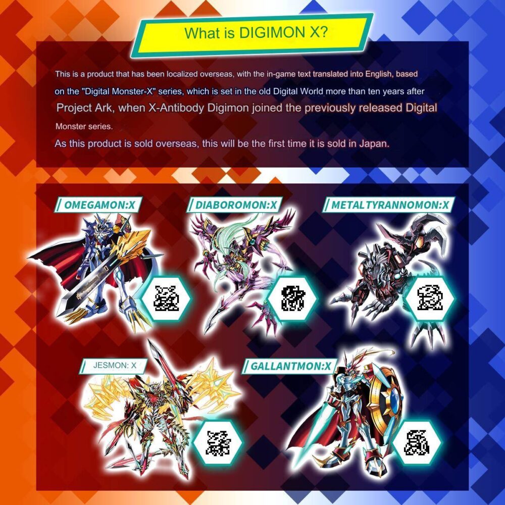 The image announces DIGIMON X, featuring five Digimon characters: Omegamon:X, Diaboromon:X, MetalTyrannomon:X, Jesmon:X, and Gallantmon:X, with QR codes for each. It states this is the first sale in Japan.