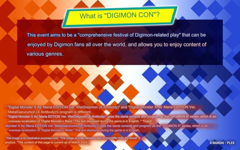 Informational slide promoting "DIGIMON CON," describing it as a comprehensive festival of Digimon-related play, appealing to fans worldwide with diverse content. Contains legal and event information.