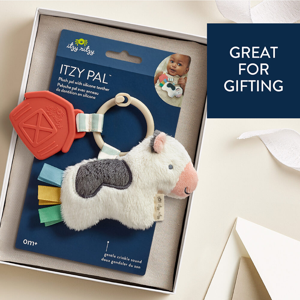 A baby toy set featuring a plush toy with a silicone teether attached, packaged in a cardboard box. The package includes a small photo of a baby holding the toy and text that says "Great for gifting.