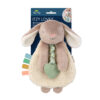 Plush bunny toy with a teething ring and colorful fabric tabs, labeled "Itzy Lovey" in packaging. Suitable for infants.