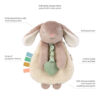 Plush bunny toy with sherpa fabric, soft ears, embroidered face, crinkle arms, grosgrain ribbons, and a silicone teether on a ribbon.