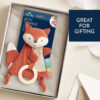 Plush fox baby toy with a crinkle texture and plastic ring, packaged in a box. Accompanied by text reading "Great for Gifting.