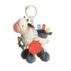 Plush cow toy with a teething ring and soft fabric tags, including a red barn and a star-shaped attachment.