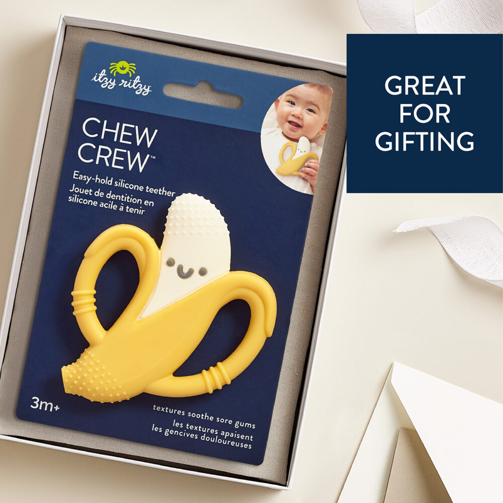 The Itzy Ritzy Chew Crew Silicone Teether with Handles, boxed as a baby toy in the shape of a banana, is designed for infants aged 3 months and up. Text on the image reads "GREAT FOR GIFTING.