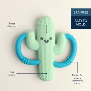 The Itzy Ritzy Chew Crew Silicone Teether with Handles is a cactus-shaped teething toy made of soft silicone, featuring two blue handles and a smiling face. It is BPA-free, easy to hold, and perfect for sensory seekers.