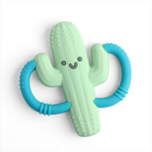 The Itzy Ritzy Chew Crew Silicone Teether with Handles is a green, cactus-shaped baby teether featuring a smiling face and two blue handles on either side.