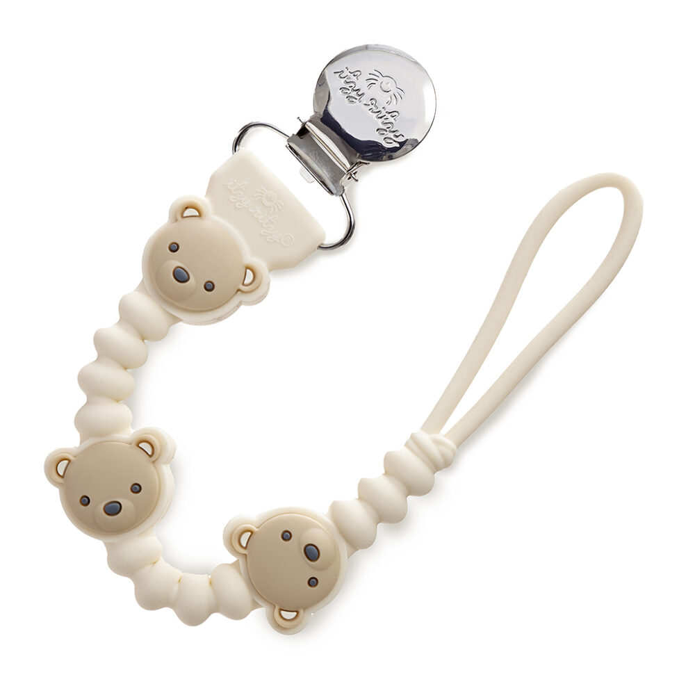 The Itzy Ritzy Sweetie Strap Plus Bear Silicone Pacifier Clip is a baby pacifier clip adorned with teddy bear designs, featuring a loop at one end for attachment and a metal clip at the other end for fastening to clothing.