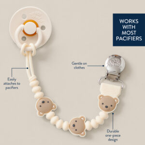 The Itzy Ritzy Sweetie Strap Plus Bear Silicone Pacifier Clip features a white, durable one-piece design with charming bear faces. It easily attaches to pacifiers and is gentle on clothes. The text reads "WORKS WITH MOST PACIFIERS".