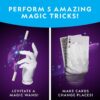 Instruction image for performing magic tricks, depicting a levitating wand with a hand in a white glove and another white-gloved hand holding playing cards with text describing the tricks from the National Geographic Magic Set 5 Tricks Perform Magic Kit Wand Card Cup Balls STEM Educational NatGeo NGEO.