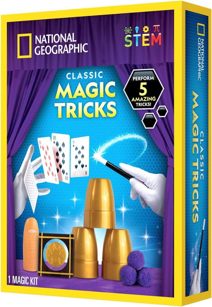 National Geographic Magic Set 5 Tricks Perform Magic Kit Wand Card Cup Balls STEM Educational NatGeo NGEO featuring five magic tricks, including card tricks, cups and balls, and a magic wand, in STEM-themed packaging.