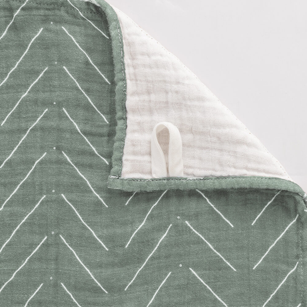 Close-up of a folded fabric from the Breastfeeding Boss A Multitasking Must-Have for Nursing, Swaddling & More, featuring a green and white geometric pattern. One corner is flipped to reveal the white underside and a small loop tag.