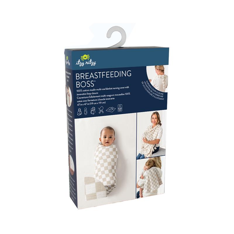 Box packaging for "Breastfeeding Boss: A Multitasking Must-Have for Nursing, Swaddling & More" featuring a multi-use blanket. The box displays images of a baby wrapped in the blanket and a woman using it as a cover. Text highlights product details.