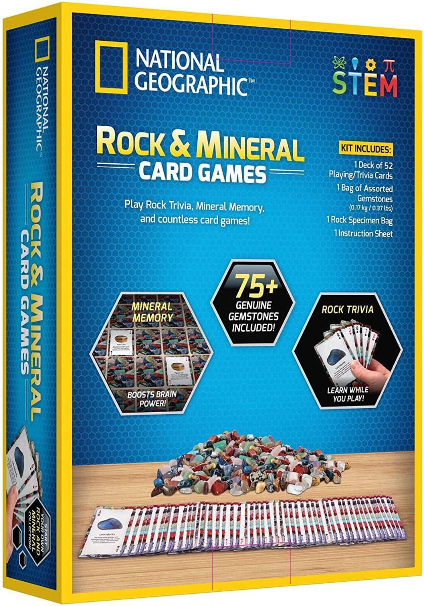 Box of National Geographic Rock And Mineral Card Game Gemstone BoardGame Kids Learn STEM Educational NGEO NatGeo including trivia cards, a rock specimen bag with over 75 gemstones, and an instruction sheet. Suitable for ages 8 and up, promotes STEM learning.