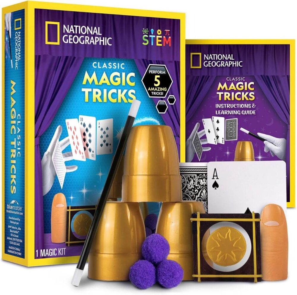 National Geographic Magic Set 5 Tricks Perform Magic Kit Wand Card Cup Balls STEM Educational NatGeo NGEO includes cups, balls, cards, magic wand, thumb tip, and instructions. Perform 5 magic tricks. Designed for STEM learning.