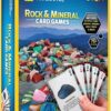 Box for National Geographic Rock And Mineral Card Game Gemstone BoardGame Kids Learn STEM Educational NGEO NatGeo, featuring a pile of colorful rocks and a hand holding four cards with various rocks labeled. Includes playing cards and has a warning for small parts.