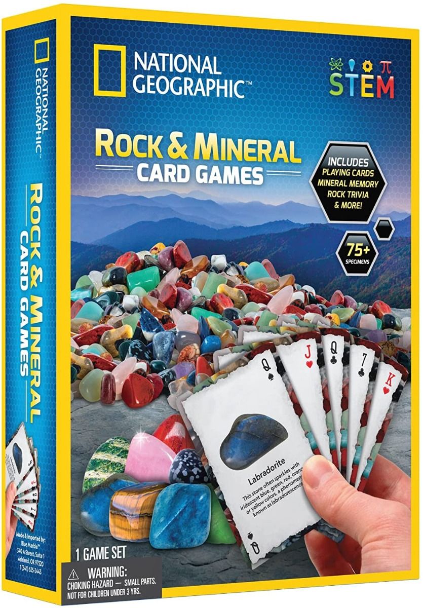 Box for National Geographic Rock And Mineral Card Game Gemstone BoardGame Kids Learn STEM Educational NGEO NatGeo, featuring a pile of colorful rocks and a hand holding four cards with various rocks labeled. Includes playing cards and has a warning for small parts.