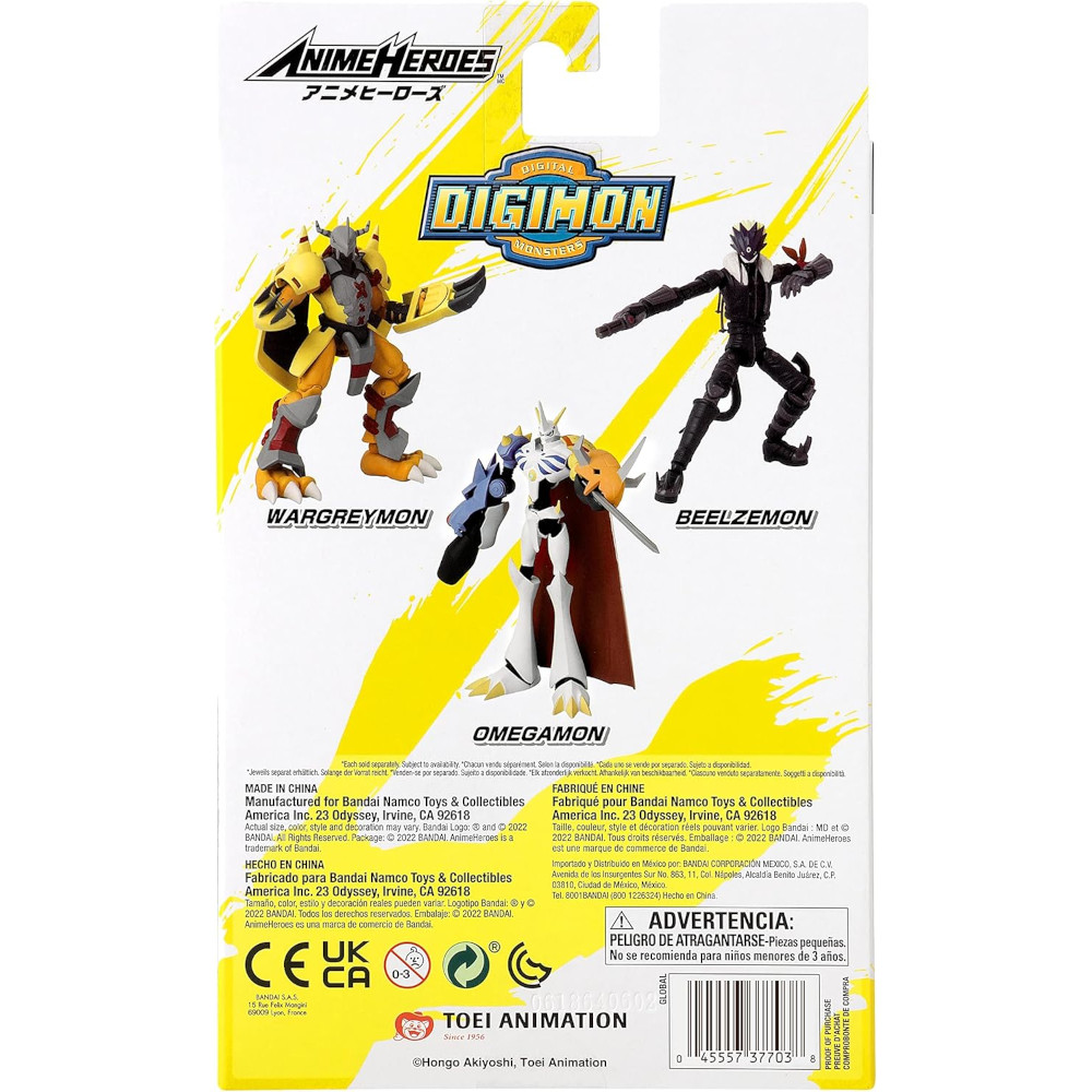 Back of an action figure packaging for Digimon Anime Heroes series featuring Wargreymon, Beelzemon, and Omegamon figures with product details and a warning notice in multiple languages.