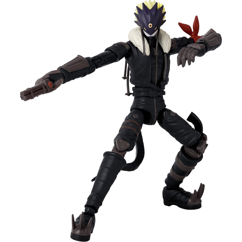 Action figure of a character wearing black armor, with a bird-like helmet and a fur collar, in a dynamic pose with arms outstretched.