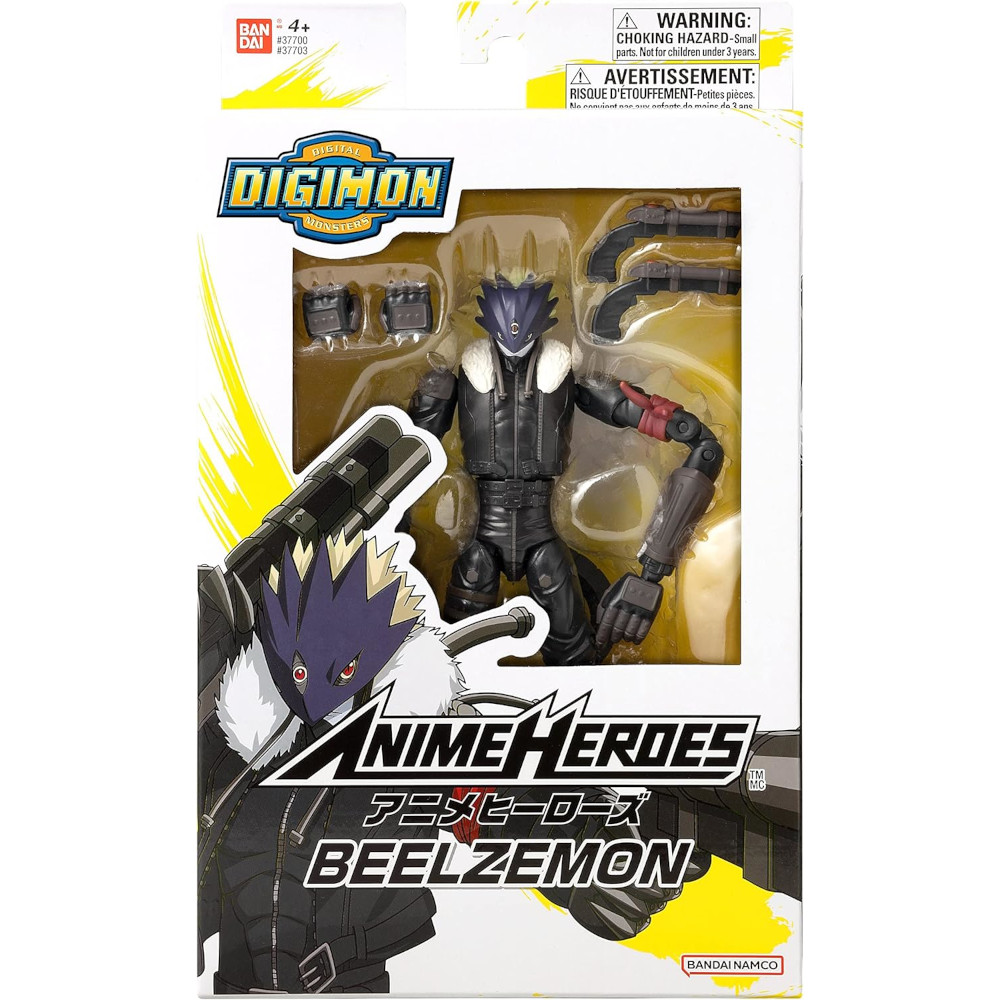 Box containing Anime Heroes Beelzemon action figure from the Digimon series; includes additional accessories.