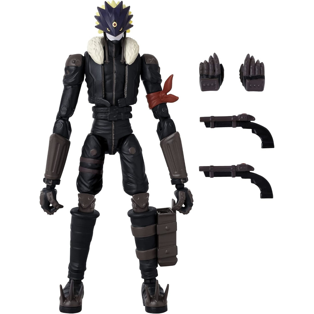 Action figure of a character in a black outfit with spiked mask, white fur collar, and red armband, displayed with alternate hands and two weapons.