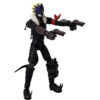 Action figure wearing a dark suit with clawed feet and hands, holding two pistols, and wearing a feathered mask and fur collar.