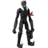 A detailed action figure of a character wearing a dark jumpsuit with metallic accessories, a spiky mask, and clawed footwear, featuring a red armband and a light-colored fur collar.