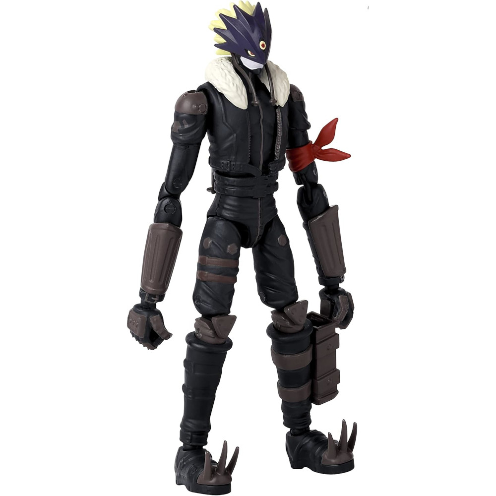 A detailed action figure of a character wearing a dark jumpsuit with metallic accessories, a spiky mask, and clawed footwear, featuring a red armband and a light-colored fur collar.