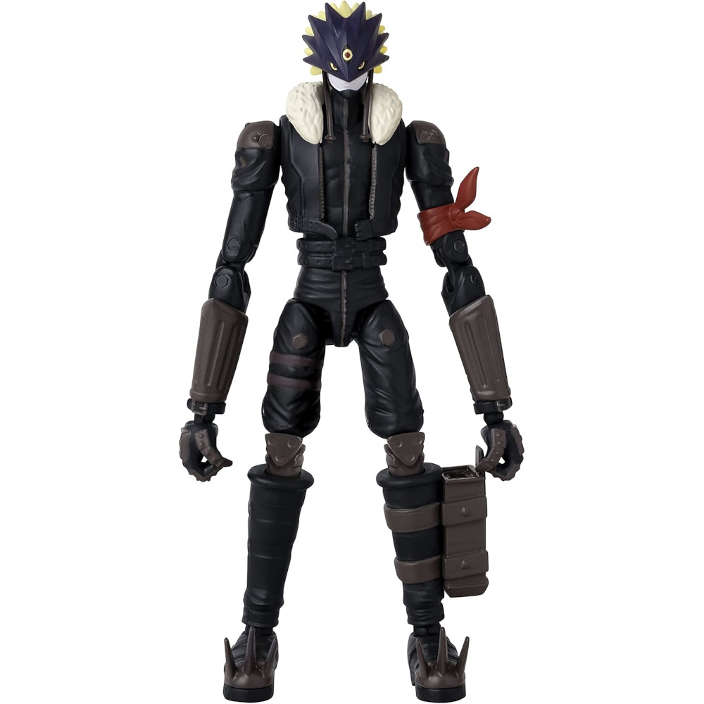 An action figure with a black spiked helmet, black and gray armored suit, and mechanical limbs stands upright. It has a red band on its left arm and what appears to be a small attached box.