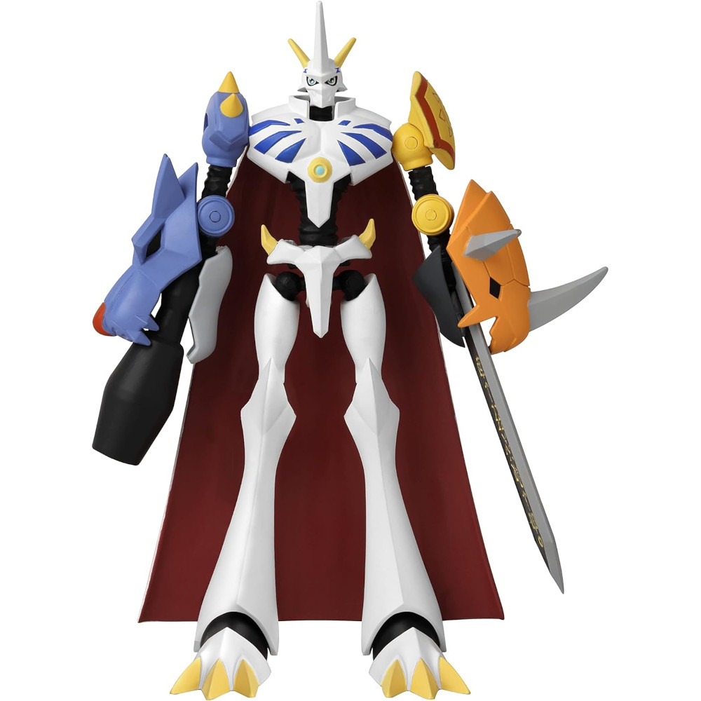 A humanoid robot with horns, blue and yellow armor, large arm cannon, sword, and red cape.