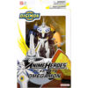 Anime Heroes Omegamon action figure in box packaging. The box displays Digimon branding and warnings, including a choking hazard label. The figure is white with blue and gold details.