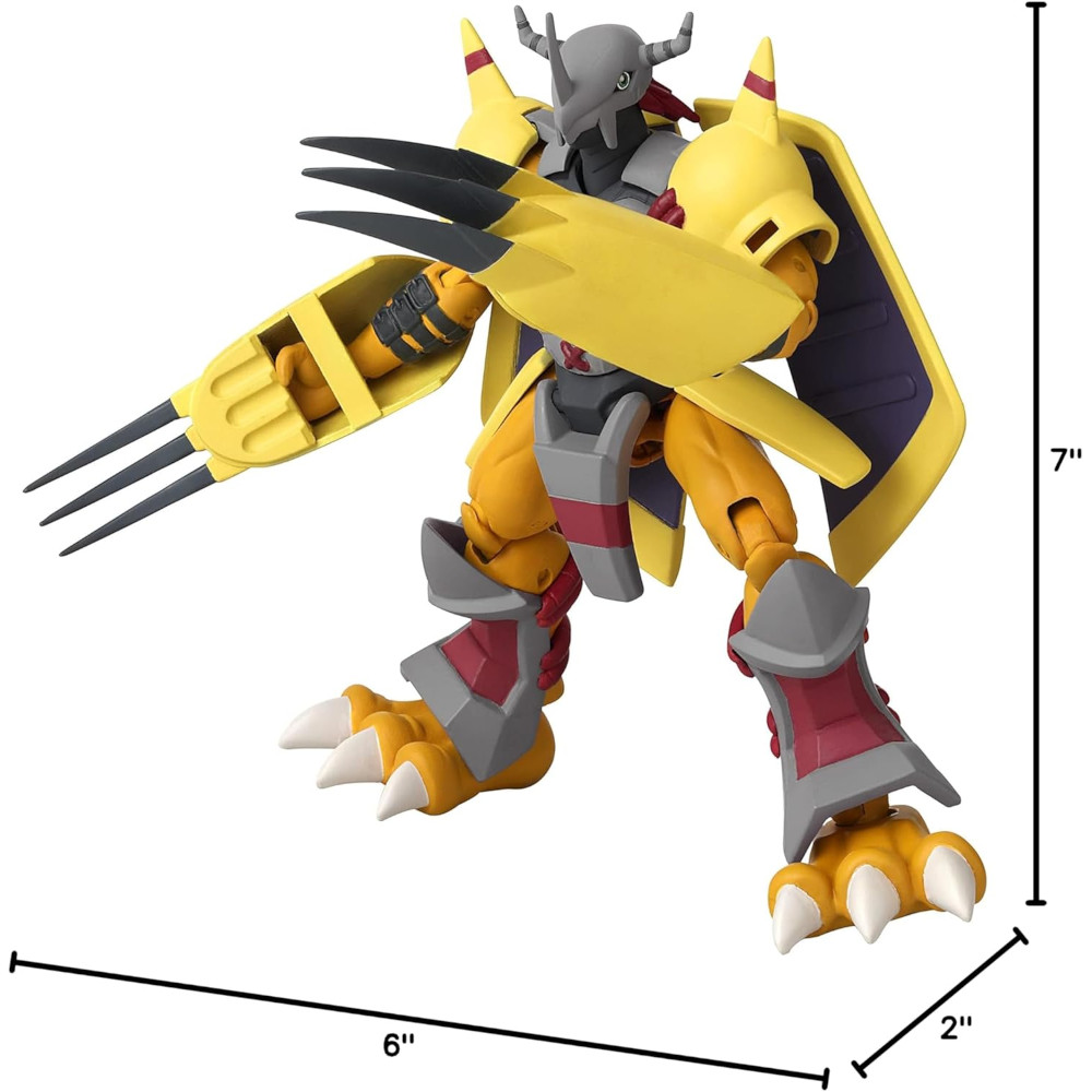 A detailed figure of a robotic creature with claws, wings, and various armor, shown with dimensions of 7 inches tall, 6 inches wide, and 2 inches deep.