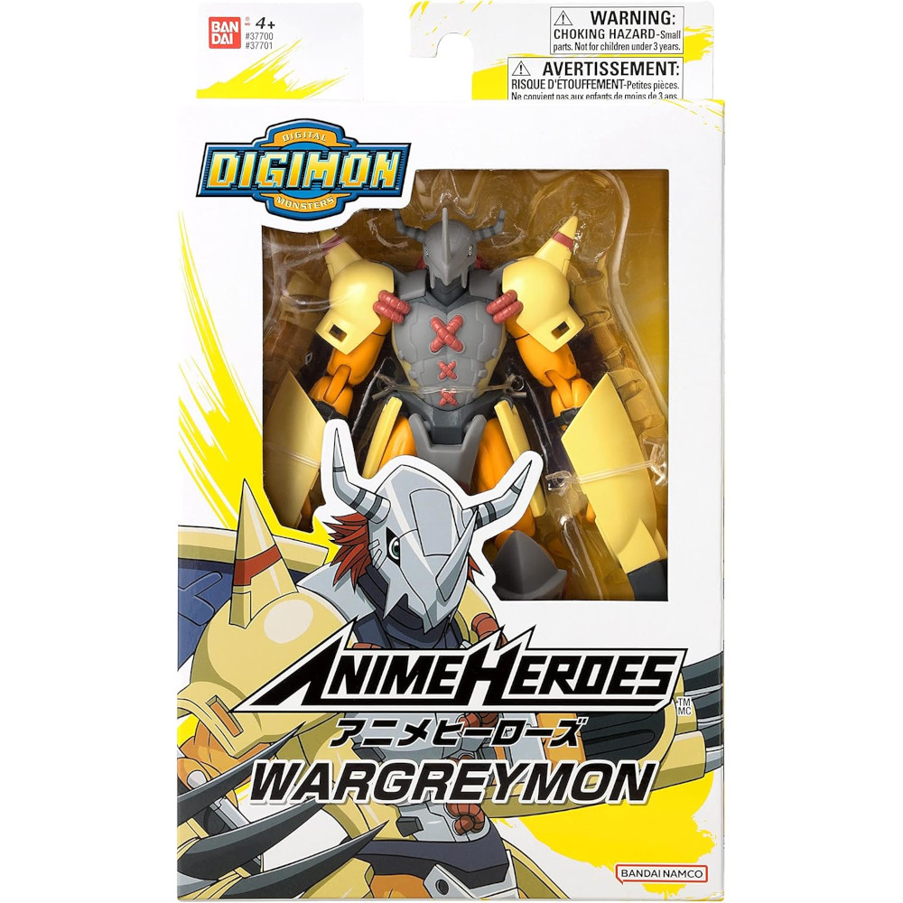 A toy packaging containing a WarGreymon action figure from the Anime Heroes series. The box features branding and cautionary information.