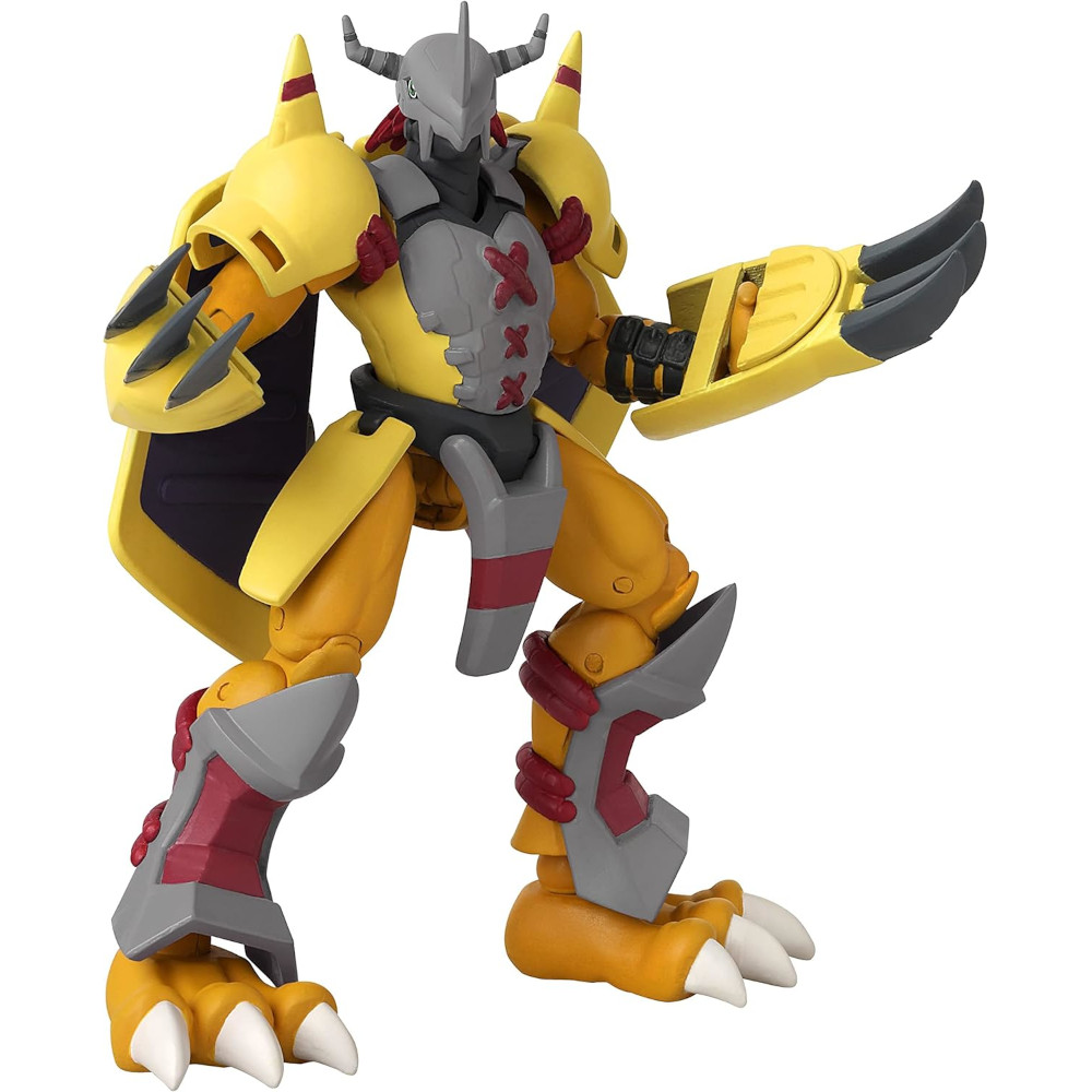 A yellow and gray armored action figure with clawed hands and feet stands in a dynamic pose. The figure has horn-like protrusions on its helmet and intricate details on its armor.