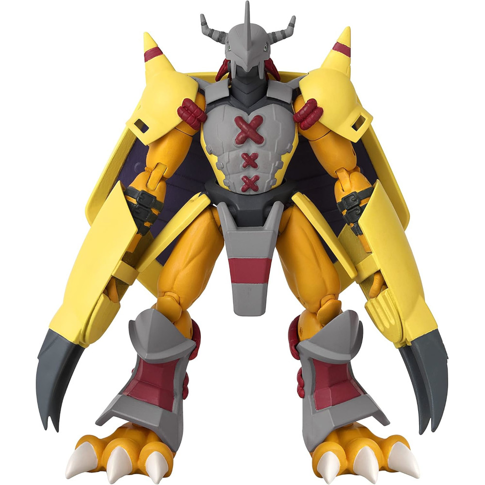 Figure of a humanoid character with yellow armor, red and gray details, and large mechanical claws, resembling a robotic dinosaur.