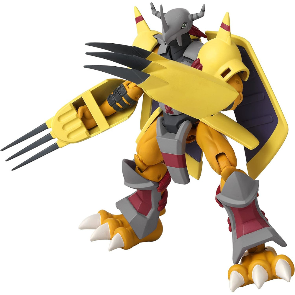 A detailed action figure of a robotic character featuring yellow and gray armor, large clawed hands, and spike-adorned feet and shoulders. The figure has a visor-like element over its face.