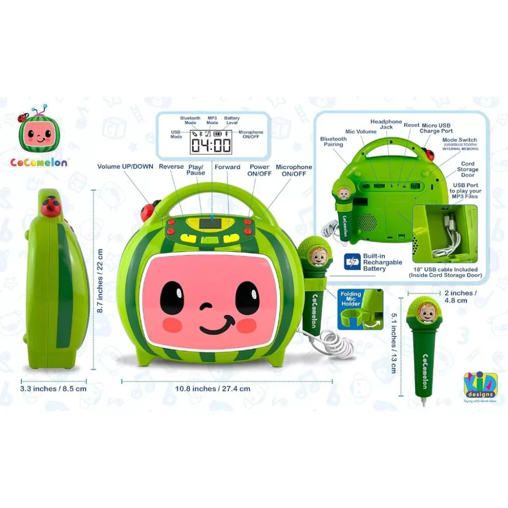 A green singing machine with a smiling face design, featuring multiple buttons, a built-in rechargeable battery, a handle, a microphone, and dimensions outlined in inches and centimeters.