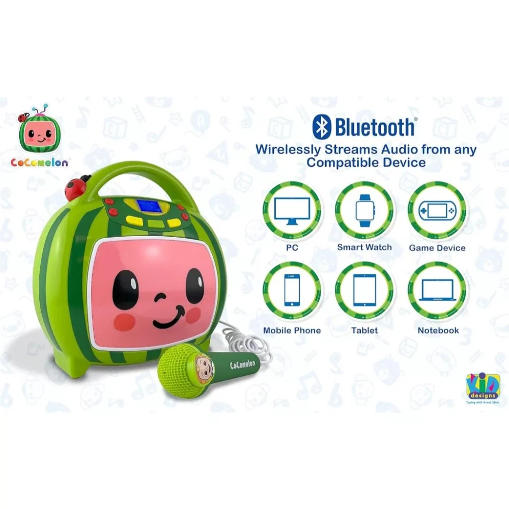 Image of a kid-friendly audio device with a smiling face, a green handle, and a microphone. Features Bluetooth connectivity to PC, smartphone, game console, mobile phone, tablet, and notebook.