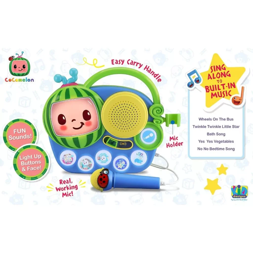 Introducing the Cocomelon Toy My First Sing Along Boombox, a delightful children's karaoke machine with a cheerful character design. It features a working microphone, built-in speaker, light-up buttons, and comes pre-loaded with classic songs like "Twinkle Twinkle Little Star" and "Wheels on the Bus.