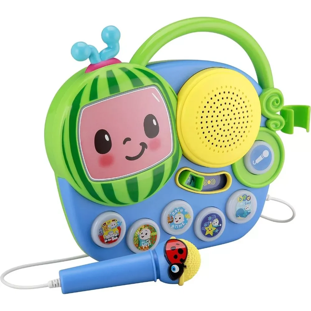 The Cocomelon Toy My First Sing Along Boombox features a vibrant design with a cheerful face, buttons showcasing different characters and icons, and includes a working microphone adorned with a ladybug motif, perfect for toddlers to enjoy music and singalong fun.