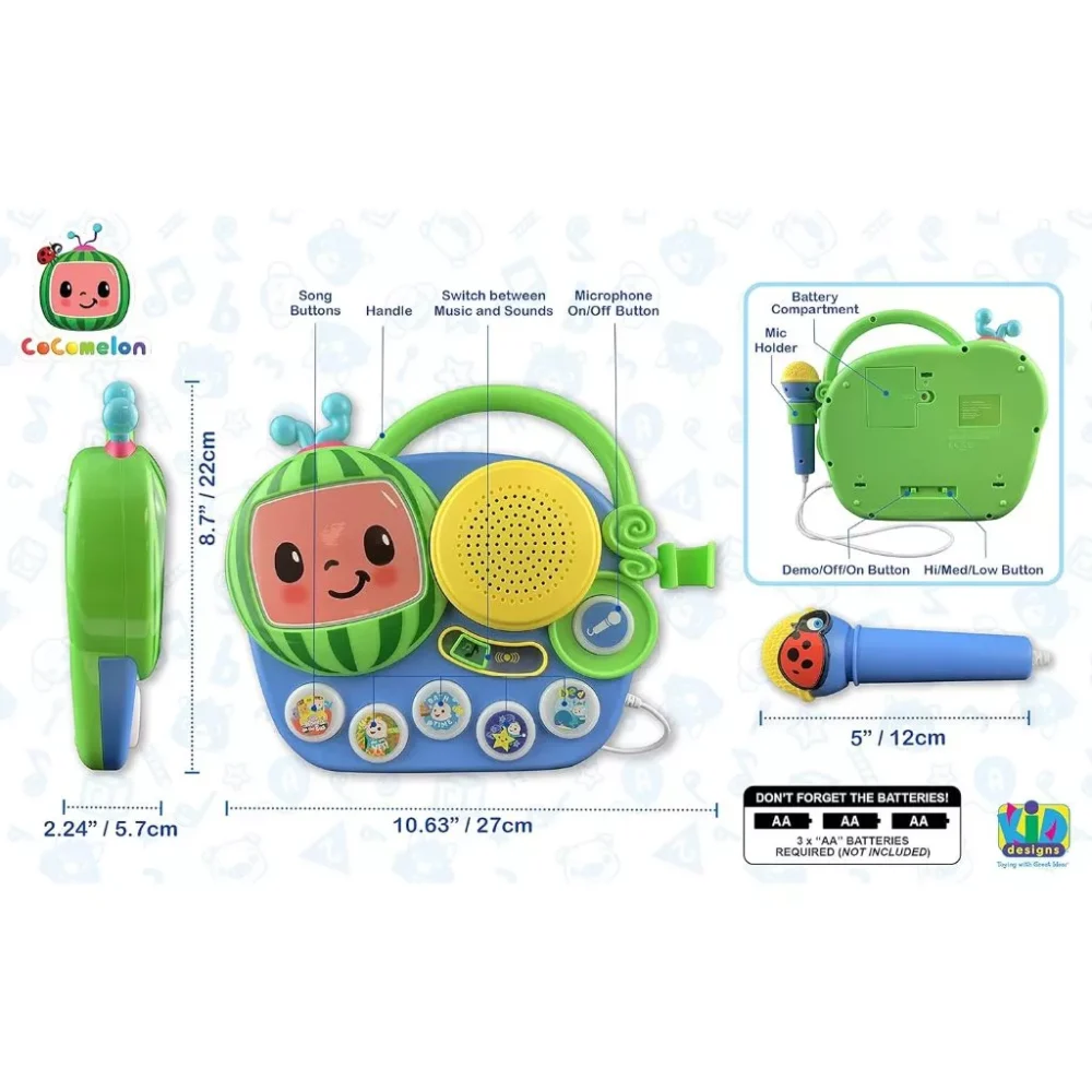 Image displaying the Cocomelon Toy My First Sing Along Boombox featuring a working microphone, speaker, and buttons. Dimensions and battery requirements are detailed on the image. The Cocomelon brand logo and mascot are in the upper left corner.