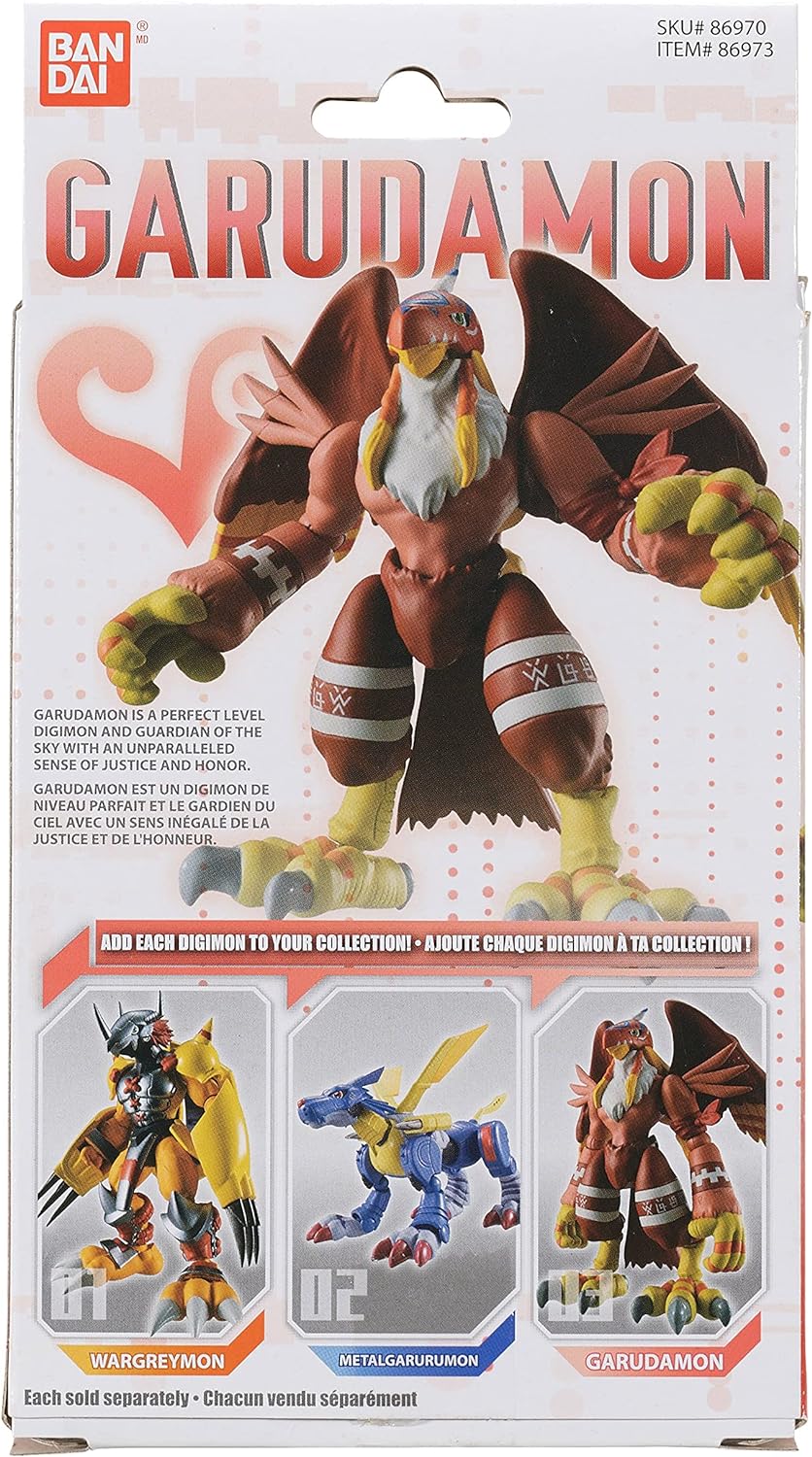 Packaging for a Digimon Shodo 3.5" Figure from Bandai. The package features an image of Garudamon and highlights two other figures, WarGreymon and MetalGarurumon, under a tagline to collect them all.