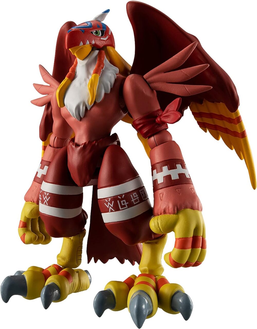 A red and yellow Digimon Shodo 3.5" Figure resembling an anthropomorphic bird with wings, clawed hands, and feet, featuring tribal patterns on its arms and legs.