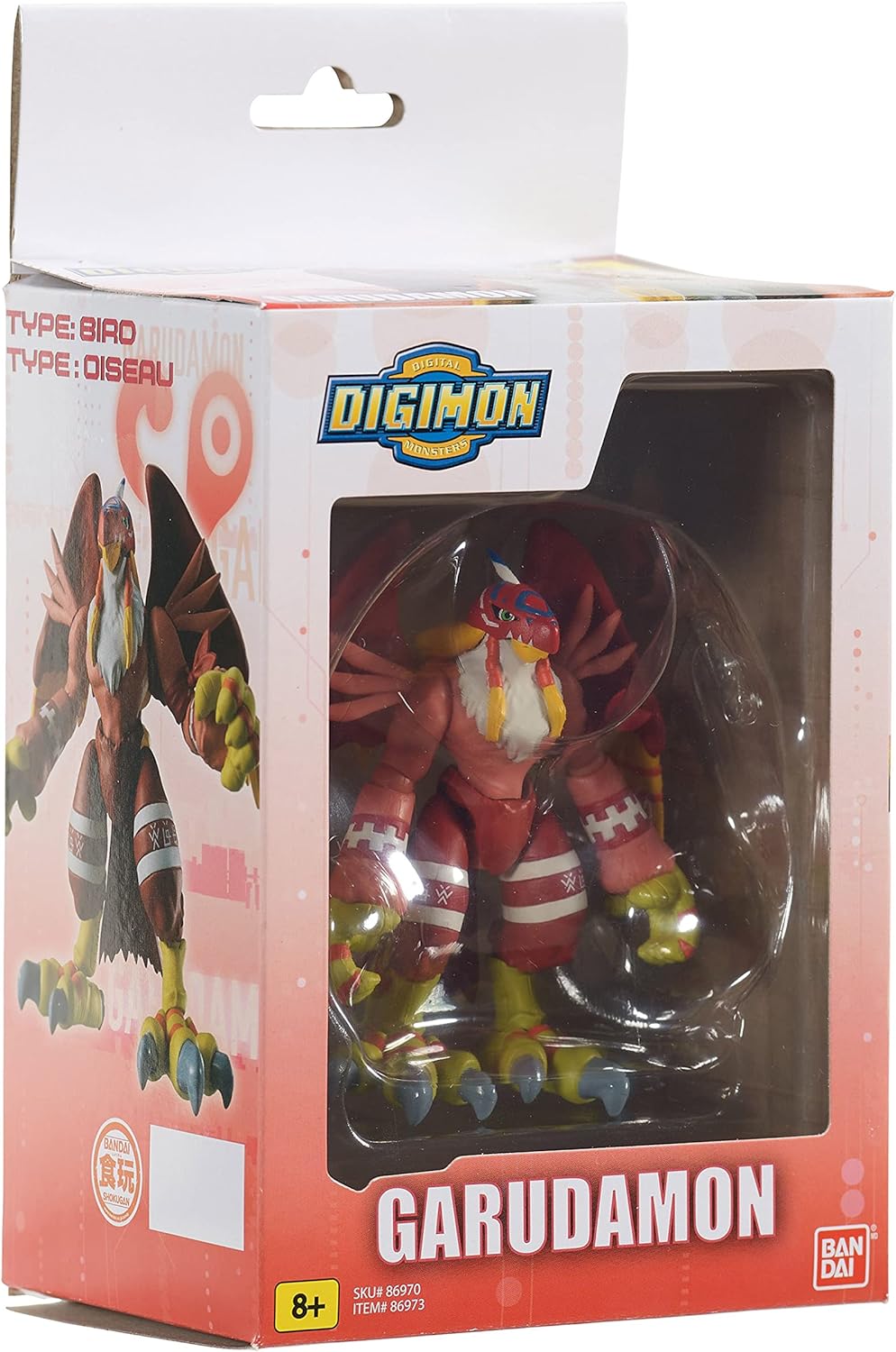 A Digimon Shodo 3.5" Figure in red and yellow colors is packaged in a box displaying the character's image and type. The box includes the Digimon logo and recommends for ages 8 and up.