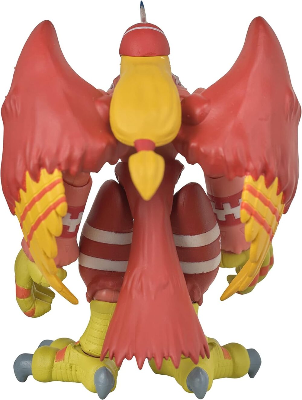 A detailed, red and yellow Digimon Shodo 3.5" Figure of a bird-like creature, viewed from the back, displaying its large wings and clawed feet.